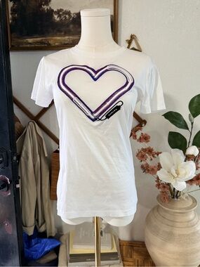 Carven White Tee with Purple and Red Embroidered Detail